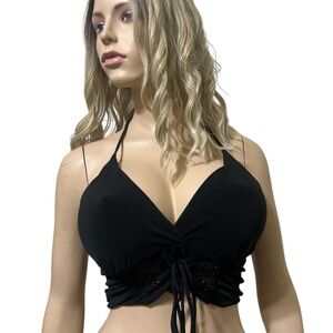 Entry Black Beaded Lace-Up Halter Neck Ruched Crop Top
